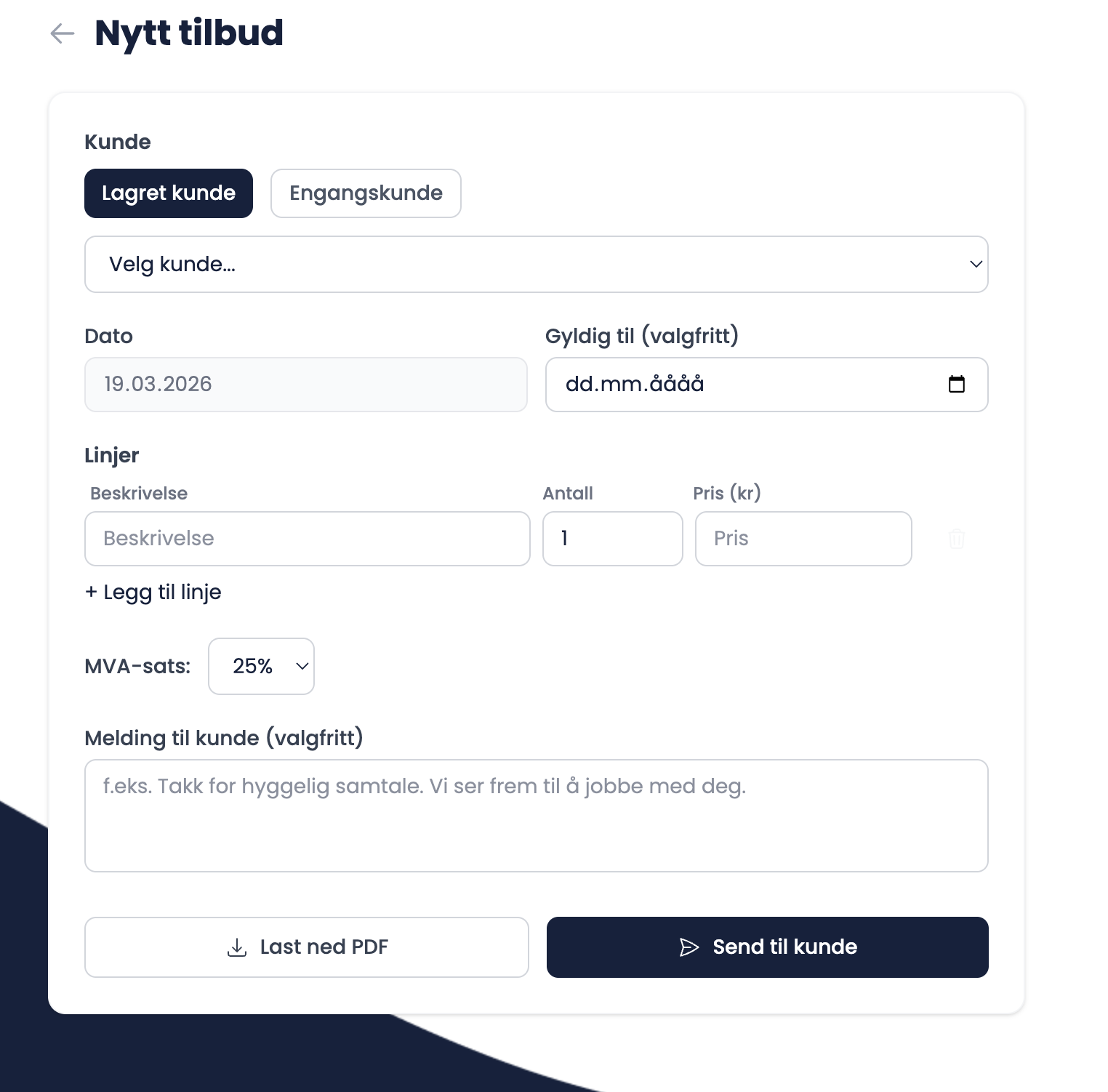Skjermbilde av tilbudsfunksjon i MinFaktura